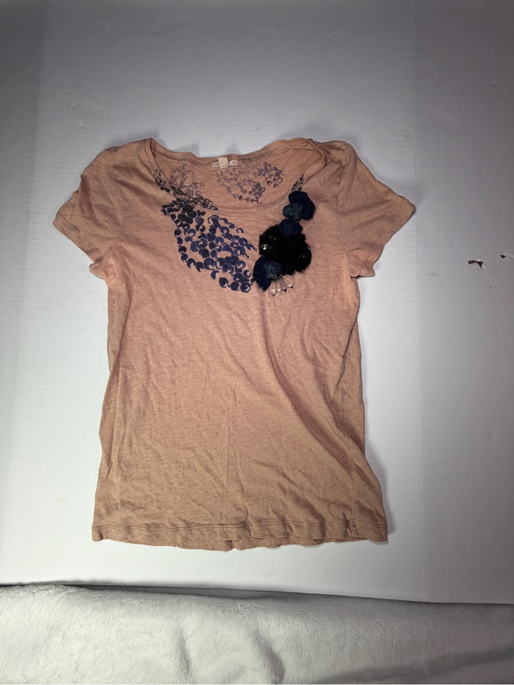 J. Crew Peach Short-Sleeve Tee with Navy Embellished Neckline